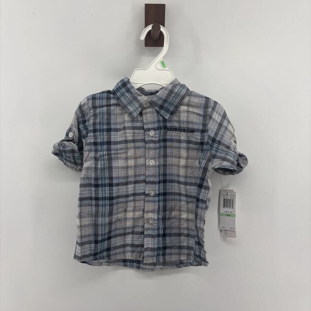 Tags on, plaid long sleeve, denim pants