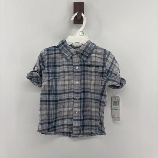 Tags on, plaid long sleeve, denim pants