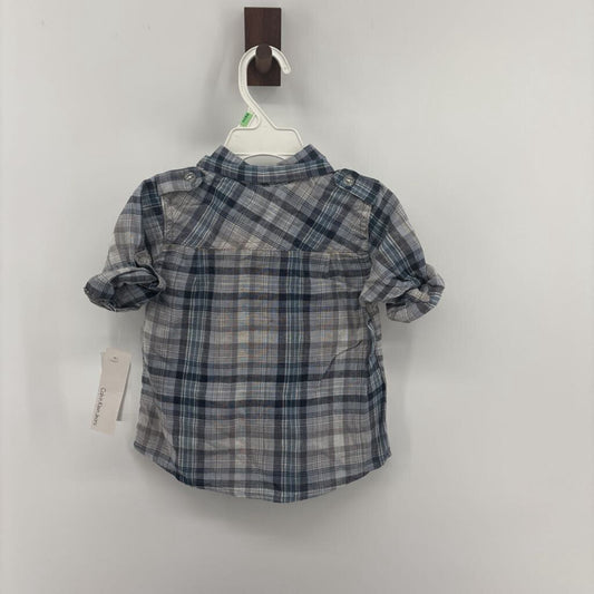 Tags on, plaid long sleeve, denim pants